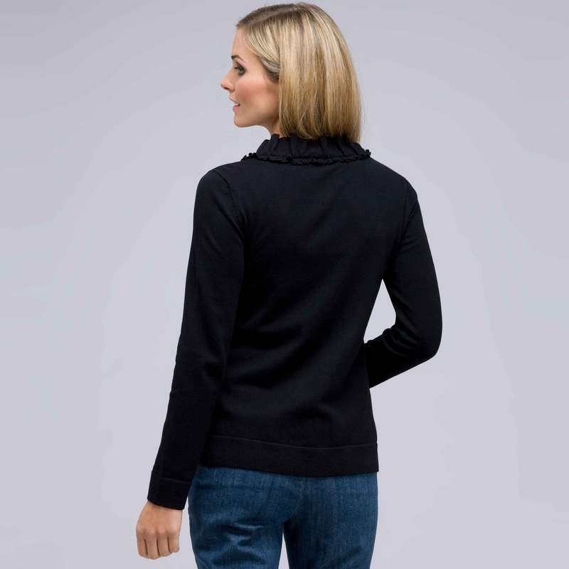 Long Sleeve Ruffle Front Cardigan, Black, large image number 1